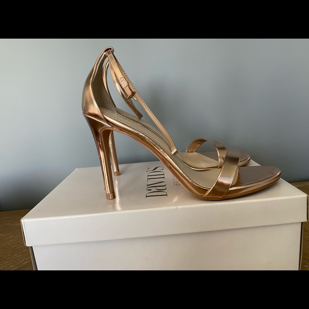 David’s Bridal rose gold ankle strap heels